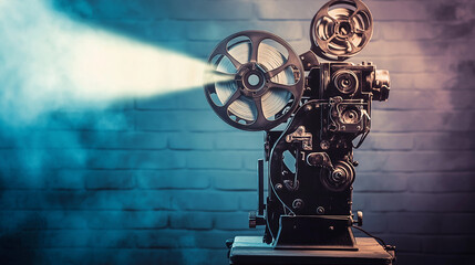 Obraz premium Classic Cinema – Retro Film Projector Illuminating a Darkened Room