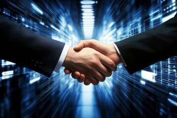 Business professionals exchanging a handshake amidst a tech-inspired backdrop.