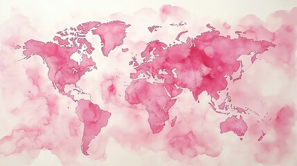 A world map made of pink watercolor, on a white background, with soft colors
