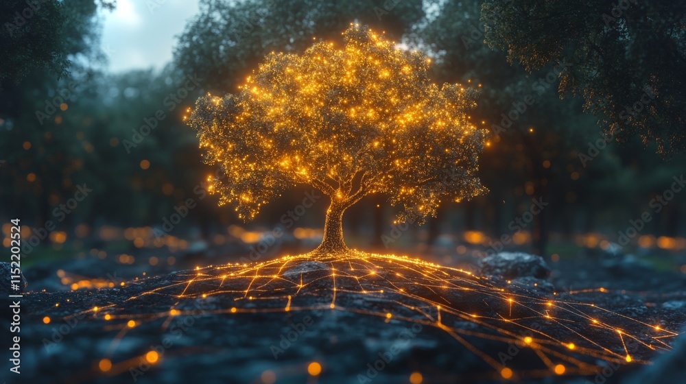 Fototapete a stunning tree emanates warm golden lights, creating an enchanting atmosphere in a peaceful forest 