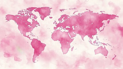 Obraz premium A world map made of pink watercolor, on a white background, with soft colors