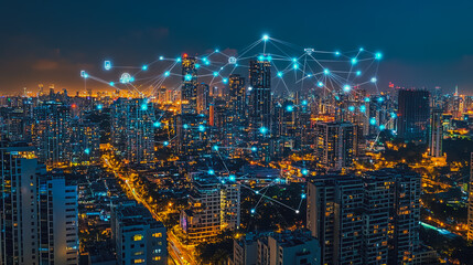 Naklejka premium Smart digital city with connection cyber security network reciprocity over the cityscape . future smart wireless digital city and social media networking systems that connects people within the city