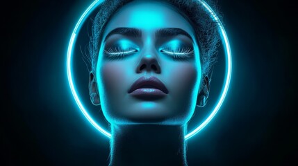 Serene Glow: A Futuristic Portrait - Futuristic beauty, serene expression, ethereal glow, neon light, technological advancement.