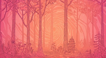 Abstract Line Art of Trees & Forest, Wooded Nature Outdoor Landscape, Modern Art, Messy Colorful Design