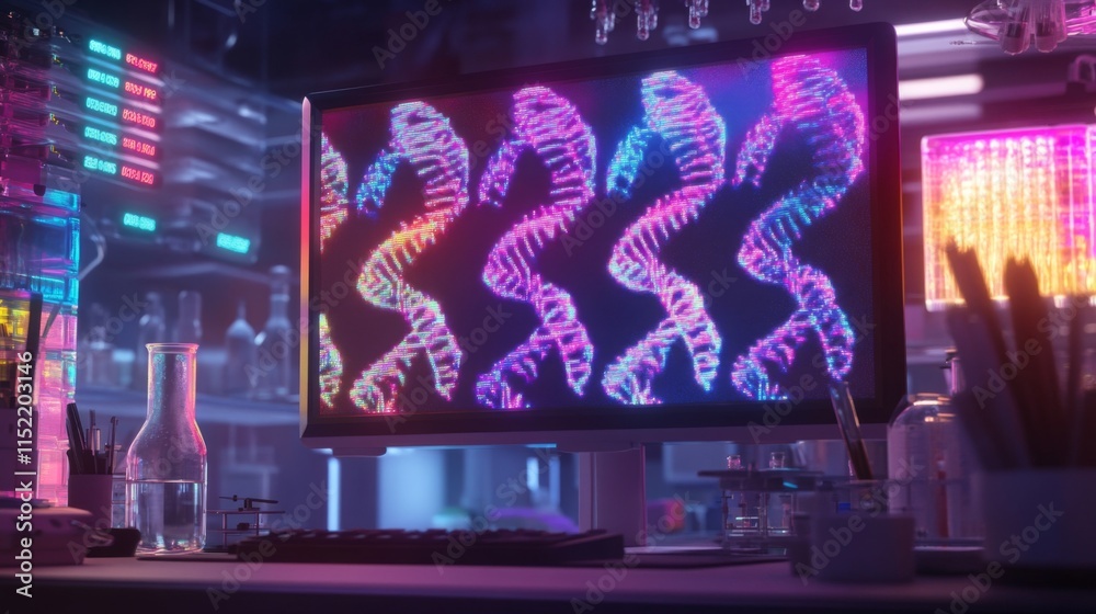 Poster Colorful data visualization displays intricate DNA sequencings on a monitor in a high-tech laboratory. Surrounding equipment enhances the ambiance of scientific innovation and exploration.