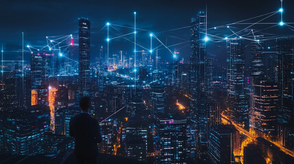 Fototapeta premium Smart digital city with connection cyber security network reciprocity over the cityscape . future smart wireless digital city and social media networking systems that connects people within the city