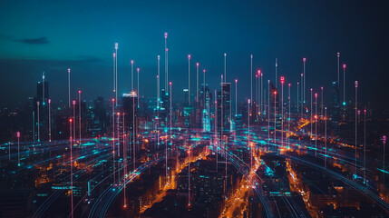 Fototapeta premium Smart digital city with connection cyber security network reciprocity over the cityscape . future smart wireless digital city and social media networking systems that connects people within the city