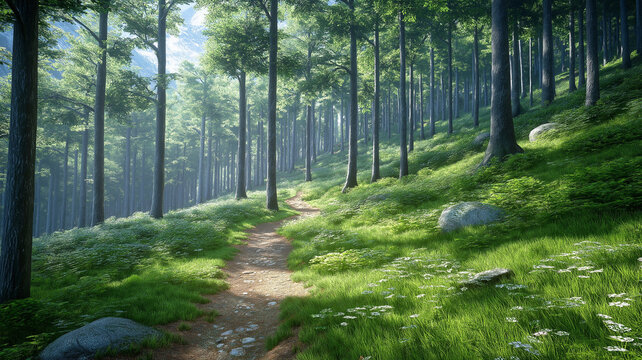 serene forest path surrounded by lush greenery and trees