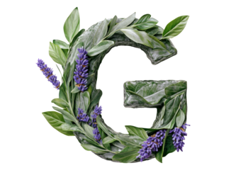 Stylized Letter G with Leaves and Lavender on Transparent Background
