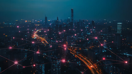 Fototapeta premium Smart digital city with connection cyber security network reciprocity over the cityscape . future smart wireless digital city and social media networking systems that connects people within the city