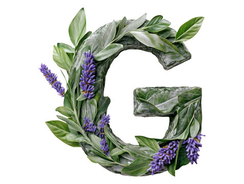 Stylized Letter G with Leaves and Lavender on Transparent Background