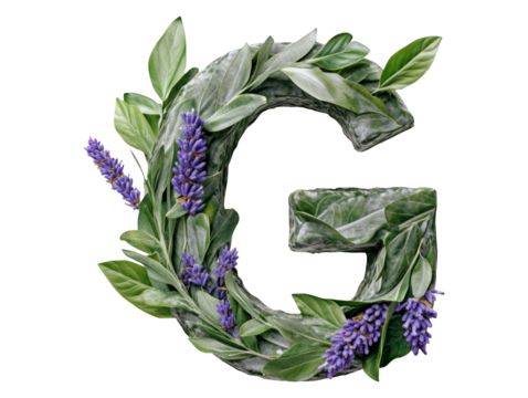 Stylized Letter G with Leaves and Lavender on Transparent Background