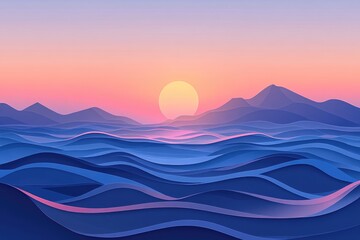 Fototapeta premium Serene Sunset Over Layered Blue Mountains and Ocean
