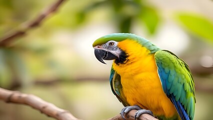 Vibrant Macaw Perched on Branch with Colorful Feathers and Blurred Background Generative AI