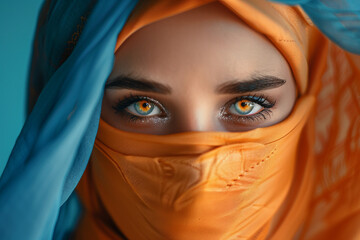 Naklejka premium Portrait of a young beautiful islamic arabic woman in swimming pool generative AI