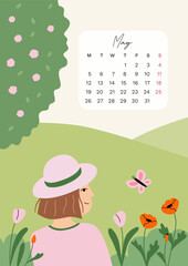 Illustrated poster with april 2025 with inspired by spring season. Week start from Monday. Landscape with a cute girl enjoying nature