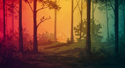 Fototapeta premium Abstract Line Art of Trees & Forest, Wooded Nature Outdoor Landscape, Modern Art, Messy Colorful Design