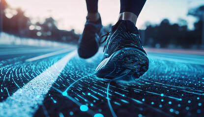 Close-up of a runner's shoe on a track with digital wave visualizations, motion graphic effects, and a blue and