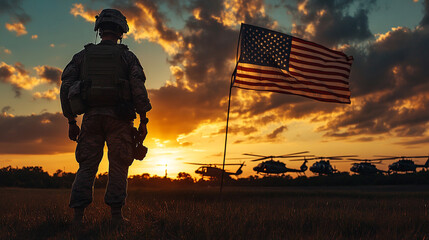 Create a powerful and patriotic scene of a soldier standing in silhouette, facing an American flag waving