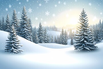 Fototapeta premium Winter Wonderland with Snowy Trees and Soft Sunlight Glowing