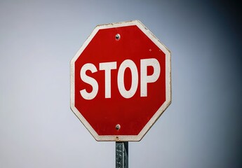 A red stop sign with the word "STOP" written in white on it, standing against a plain background.