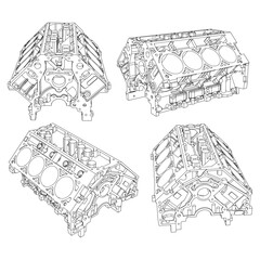 Engine block sketch. Vector illustration. Wire-frame style. The layers of visible and invisible lines are separated