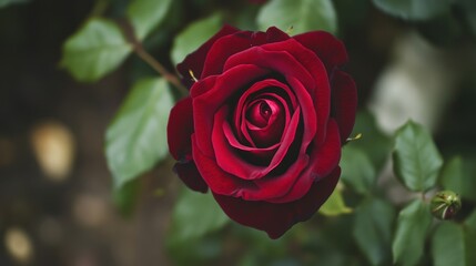 Close-up of a deep red rose in full bloom with perfectly layered petals and fresh green leaves, set against a soft natural background, symbolizing love and elegance.