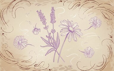 Fototapeta premium Lavender and chamomile flowers illustration. (1)
