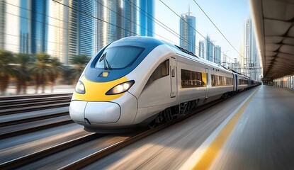 Naklejka premium A photo of a modern high-speed train in motion, white and grey with a blue roof and yellow details on the front and side windows.