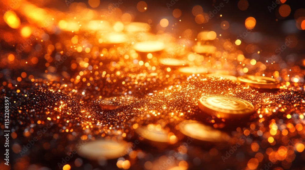 Poster coins glimmer softly on a dark surface, their reflections illuminated by warm, ambient light. the sp
