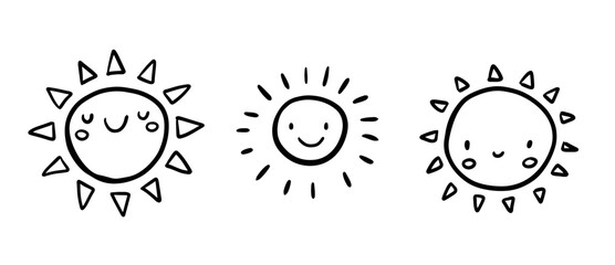 Cute set of sun icons. Funny happy smiley suns. Happy doodles bright and beautiful cartoon characters. Vector illustration