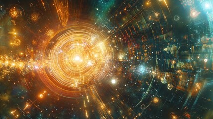 Fototapeta premium Abstract cosmic tunnel with glowing energy and intricate mechanisms.