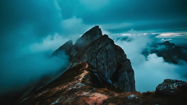 Solitary climber faces roaring wind with sheer courage, unwavering courage fueling determined heart against raw elements. Courage resonates in vast silence, showcasing unbreakable spirit.