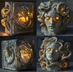 A collection of four images featuring Medusa, the gorgon, with different lighting effects and a stone statue of her head in each one. The first is a square sculpture with glowing eyes and golden serpe
