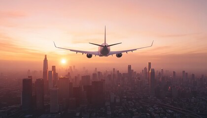 Photo of an airplane flying over the city skyline at sunset, with buildings and skyscrapers in view. 