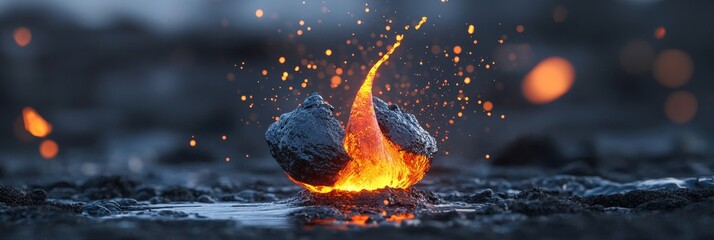 Volcanic Rock Eruption - Molten lava bursts between rocks, symbolizing power, nature, energy, creation, and destruction.