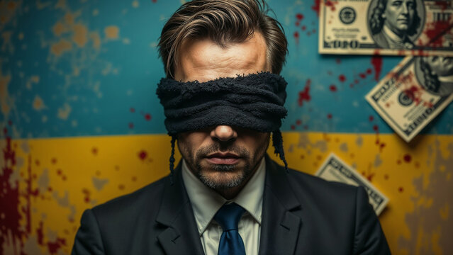 International Anti-Corruption Day. Businessman against the backdrop of the Ukrainian flag and dollars