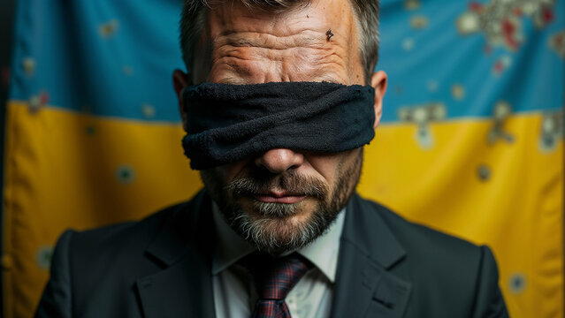 International Anti-Corruption Day. Businessman against the backdrop of the Ukrainian flag and dollars