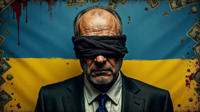 International Anti-Corruption Day. Businessman against the backdrop of the Ukrainian flag and dollars