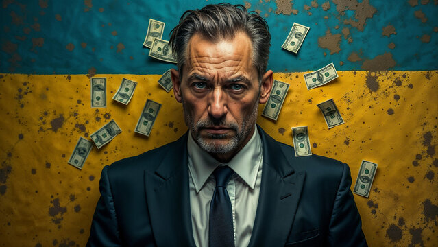 International Anti-Corruption Day. Businessman against the backdrop of the Ukrainian flag and dollars