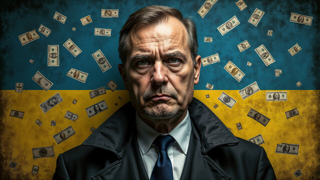 International Anti-Corruption Day. Businessman against the backdrop of the Ukrainian flag and dollars