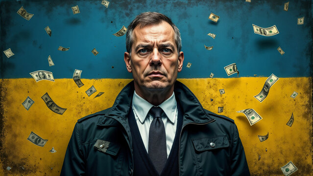 International Anti-Corruption Day. Businessman against the backdrop of the Ukrainian flag and dollars