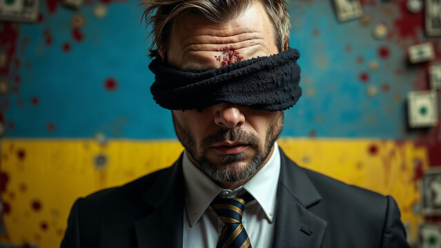 International Anti-Corruption Day. Businessman against the backdrop of the Ukrainian flag and dollars