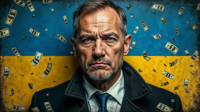 International Anti-Corruption Day. Businessman against the backdrop of the Ukrainian flag and dollars