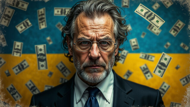 International Anti-Corruption Day. Businessman against the backdrop of the Ukrainian flag and dollars