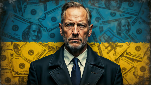International Anti-Corruption Day. Businessman against the backdrop of the Ukrainian flag and dollars