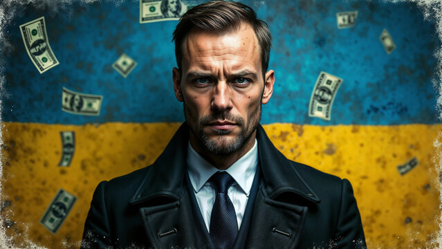 International Anti-Corruption Day. Businessman against the backdrop of the Ukrainian flag and dollars
