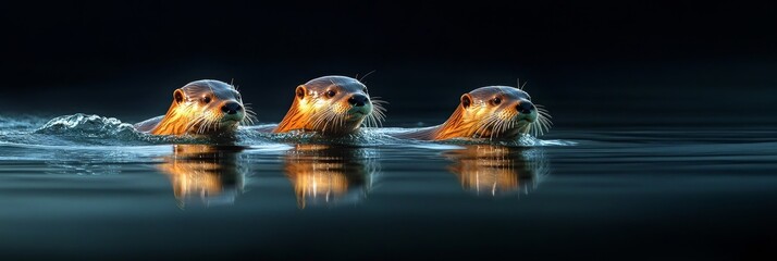 Three Otters Swimming at Night - Majestic otters, night scene, aquatic mammals, wildlife, nature.  Symbolizing teamwork, serenity, wilderness, nocturnal beauty, and freedom.