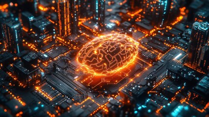 Glowing brain integrated within a complex circuit board, symbolizing artificial intelligence and technological advancement.