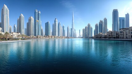 Obraz premium Modern Dubai Skyline with Waterfront and Tall Skyscrapers Under Clear Blue Sky